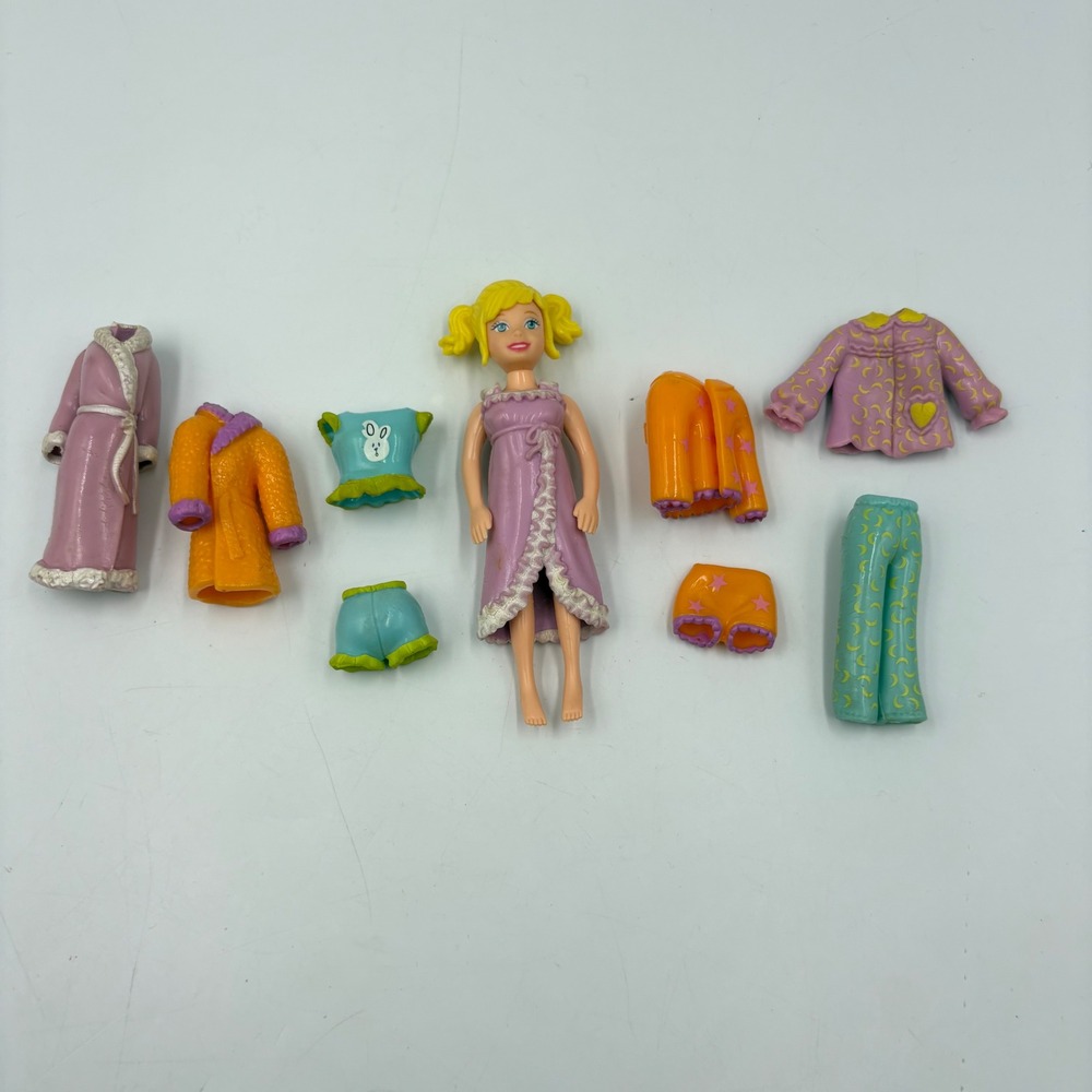 Mattel Polly Pocket Doll Sleepover Pajama Party Lot Rubber Outfits Vintage 3.75"